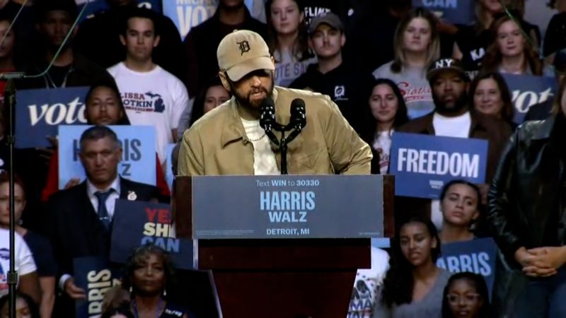 Eminem rips Trump’s vow of retribution at Harris campaign rally in ...